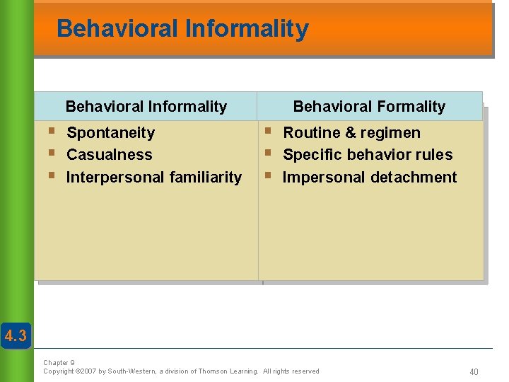 Behavioral Informality § § § Spontaneity Casualness Interpersonal familiarity Behavioral Formality § § §