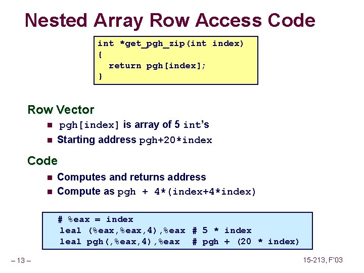 Nested Array Row Access Code int *get_pgh_zip(int index) { return pgh[index]; } Row Vector