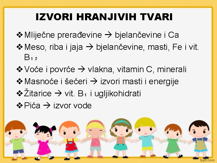 IZVORI HRANJIVIH TVARI Mliječne prerađevine bjelančevine i Ca Meso, riba i jaja bjelančevine, masti,