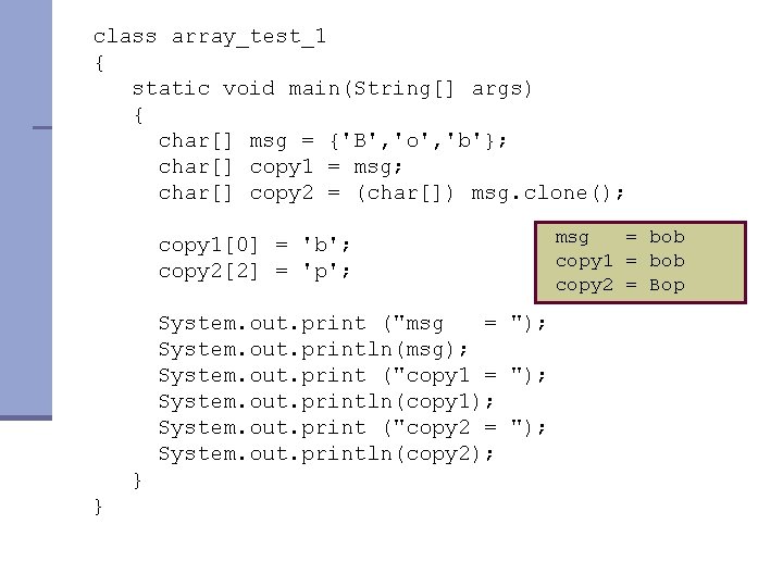 class array_test_1 { static void main(String[] args) { char[] msg = {'B', 'o', 'b'};