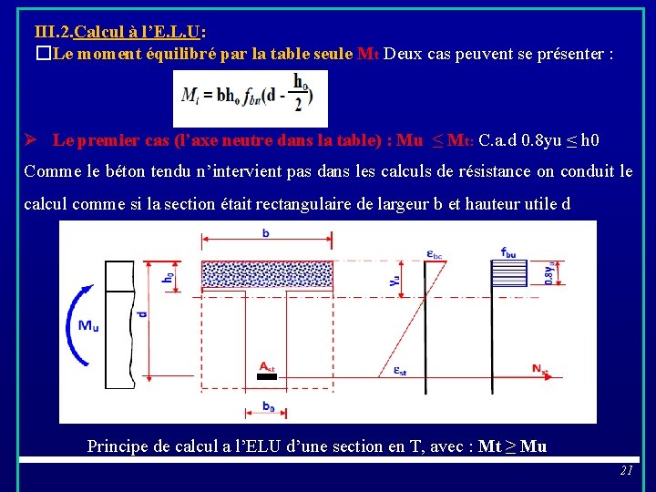 III. 2. Calcul à l’E. L. U: �Le moment équilibré par la table seule