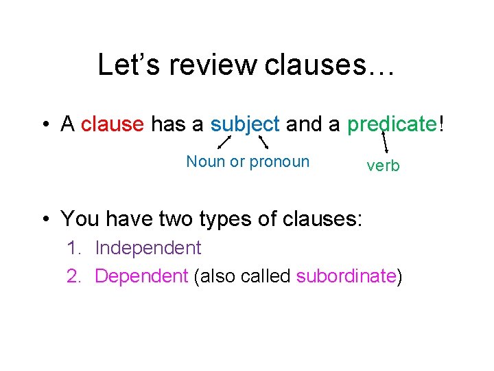 Let’s review clauses… • A clause has a subject and a predicate! Noun or