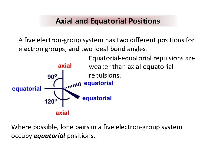 Axial and Equatorial Positions A five electron-group system has two different positions for electron