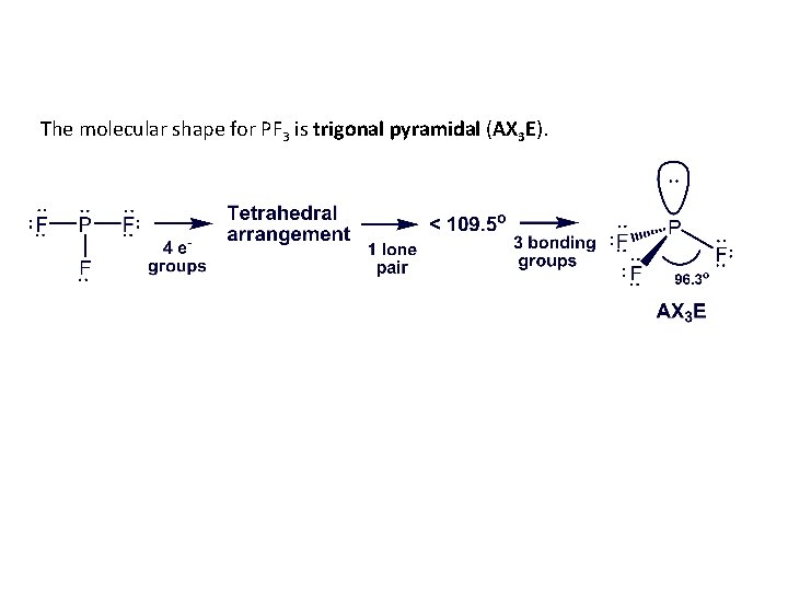 The molecular shape for PF 3 is trigonal pyramidal (AX 3 E). 
