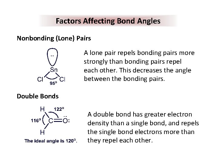 Factors Affecting Bond Angles Nonbonding (Lone) Pairs A lone pair repels bonding pairs more