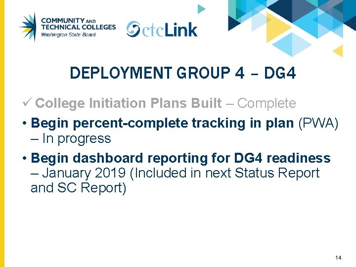 DEPLOYMENT GROUP 4 – DG 4 ü College Initiation Plans Built – Complete •