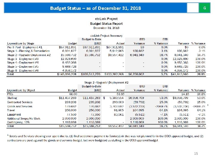 Budget Status – as of December 31, 2018 G 15 