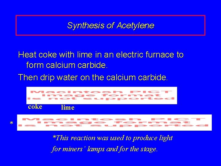 Synthesis of Acetylene Heat coke with lime in an electric furnace to form calcium