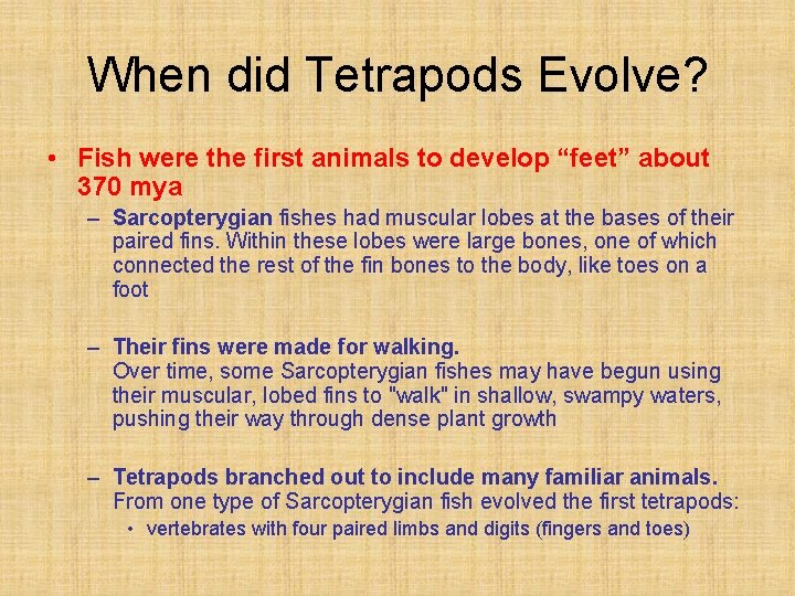 When did Tetrapods Evolve? • Fish were the first animals to develop “feet” about