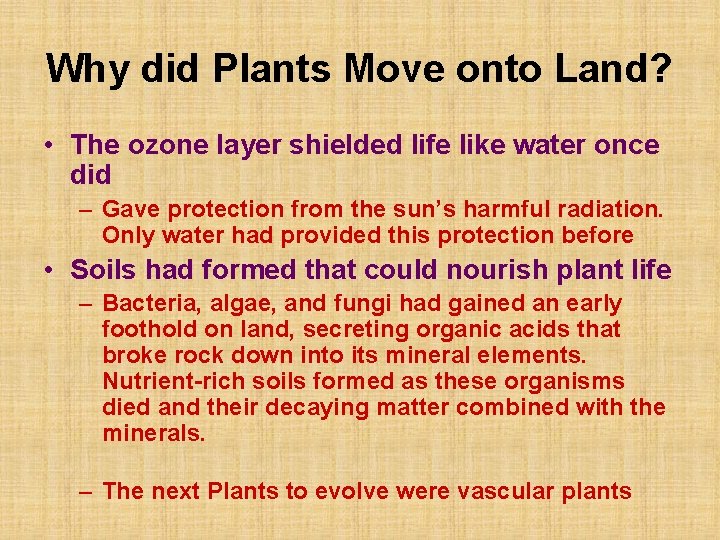 Why did Plants Move onto Land? • The ozone layer shielded life like water