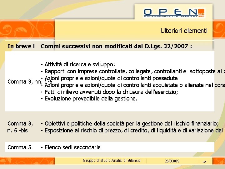 Ulteriori elementi In breve i Commi successivi non modificati dal D. Lgs. 32/2007 :