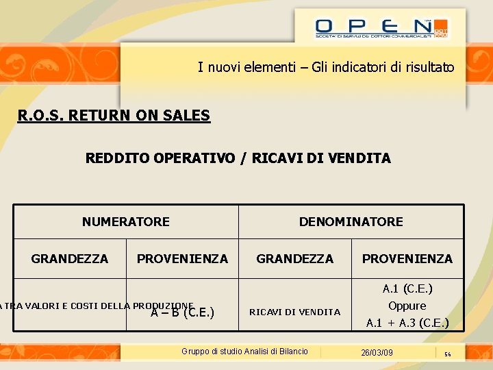 I nuovi elementi – Gli indicatori di risultato R. O. S. RETURN ON SALES