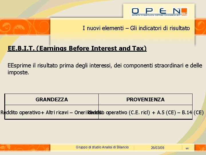 I nuovi elementi – Gli indicatori di risultato EE. B. I. T. (Earnings Before