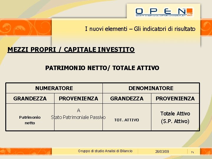 I nuovi elementi – Gli indicatori di risultato MEZZI PROPRI / CAPITALE INVESTITO PATRIMONIO