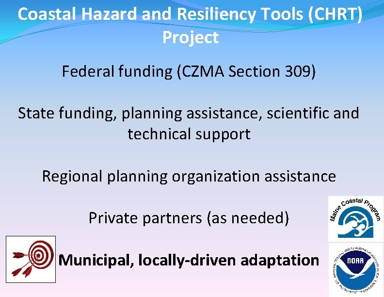 Coastal Hazard and Resiliency Tools (CHRT) Project Federal funding (CZMA Section 309) State funding,