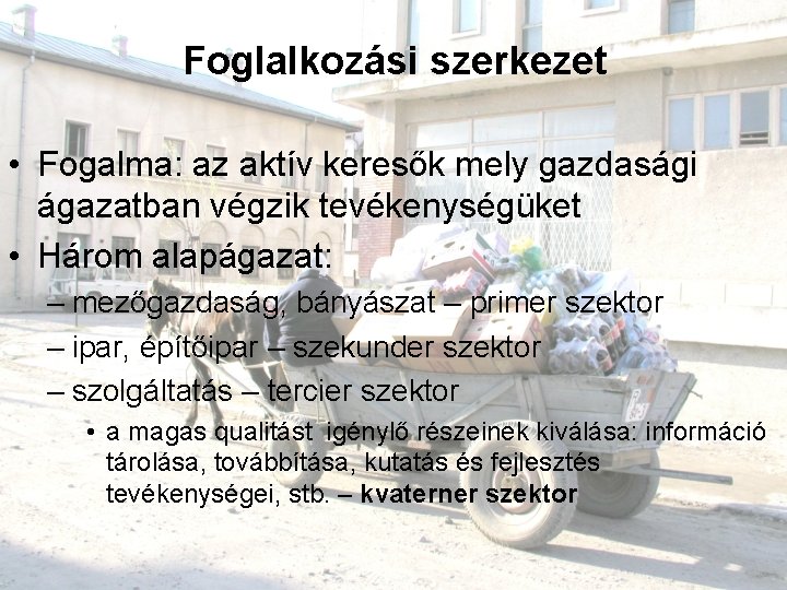 Foglalkozási szerkezet • Fogalma: az aktív keresők mely gazdasági ágazatban végzik tevékenységüket • Három