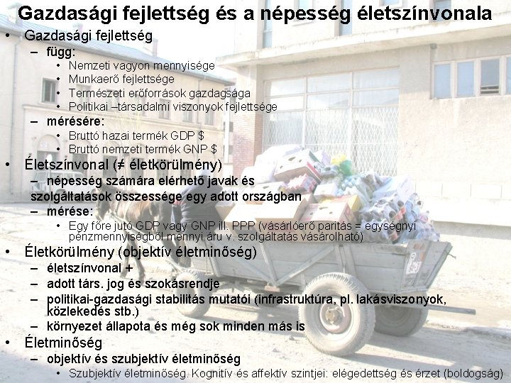 Gazdasági fejlettség és a népesség életszínvonala • Gazdasági fejlettség – függ: • • Nemzeti