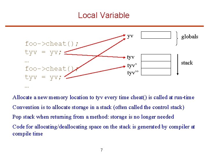 Local Variable foo->cheat(); tyv = yv; … yv globals tyv’’ stack Allocate a new