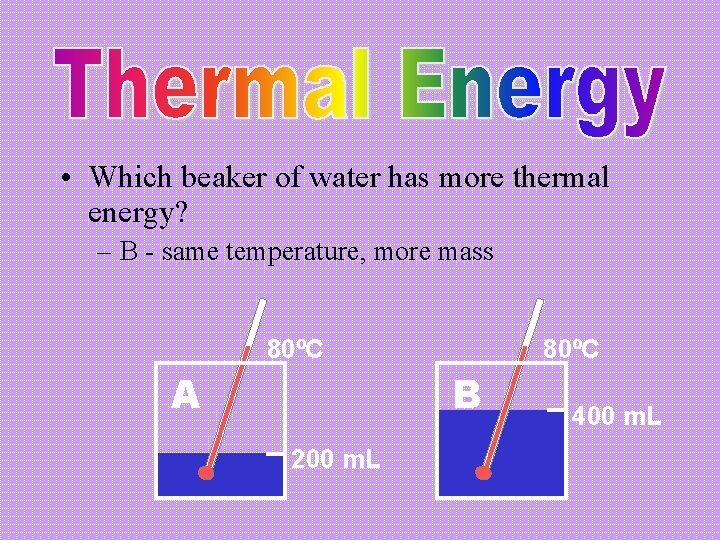  • Which beaker of water has more thermal energy? – B - same