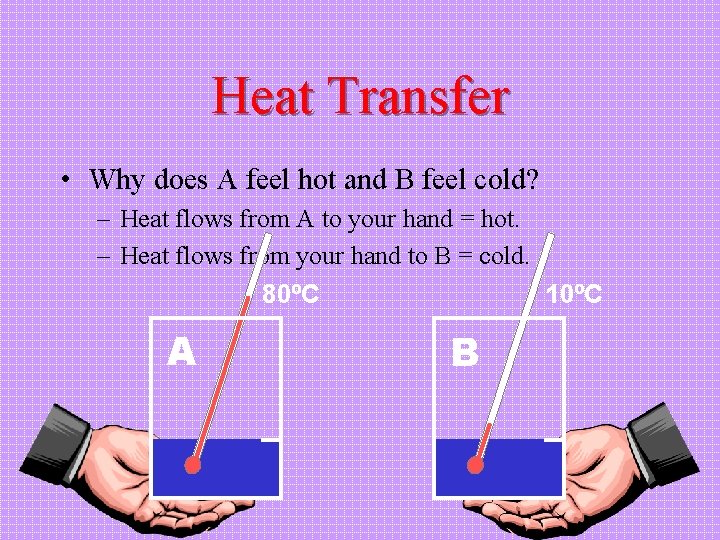 Heat Transfer • Why does A feel hot and B feel cold? – Heat