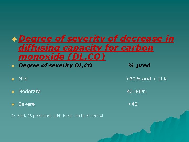 u Degree of severity of decrease in diffusing capacity for carbon monoxide (DL, CO)