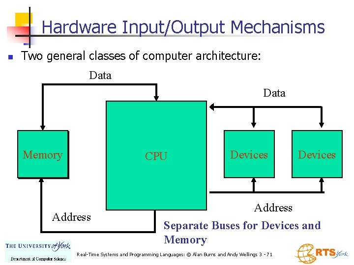 Hardware Input/Output Mechanisms n Two general classes of computer architecture: Data Memory CPU Address