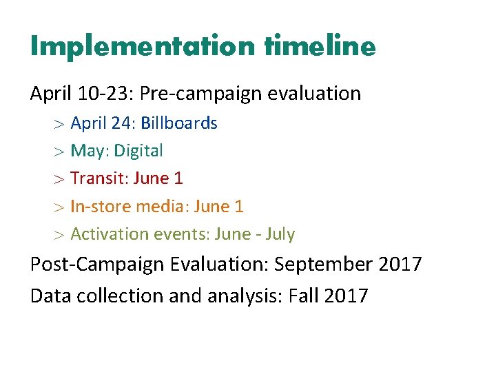 Implementation timeline April 10 -23: Pre-campaign evaluation April 24: Billboards May: Digital Transit: June