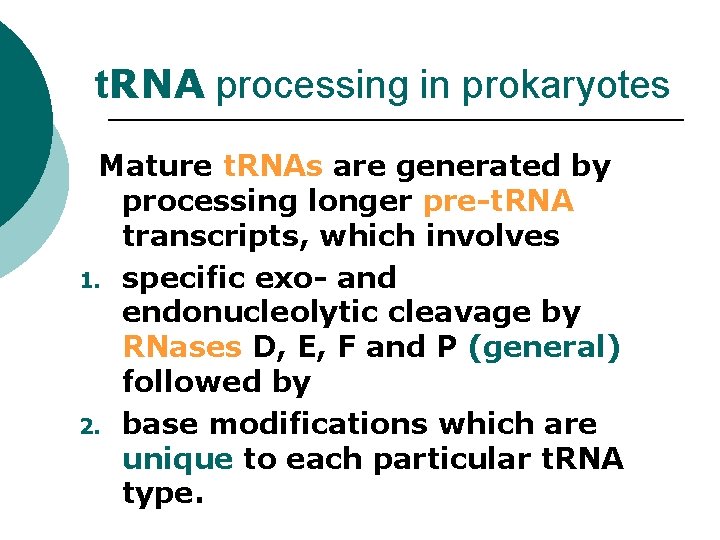 t. RNA processing in prokaryotes Mature t. RNAs are generated by processing longer pre-t.
