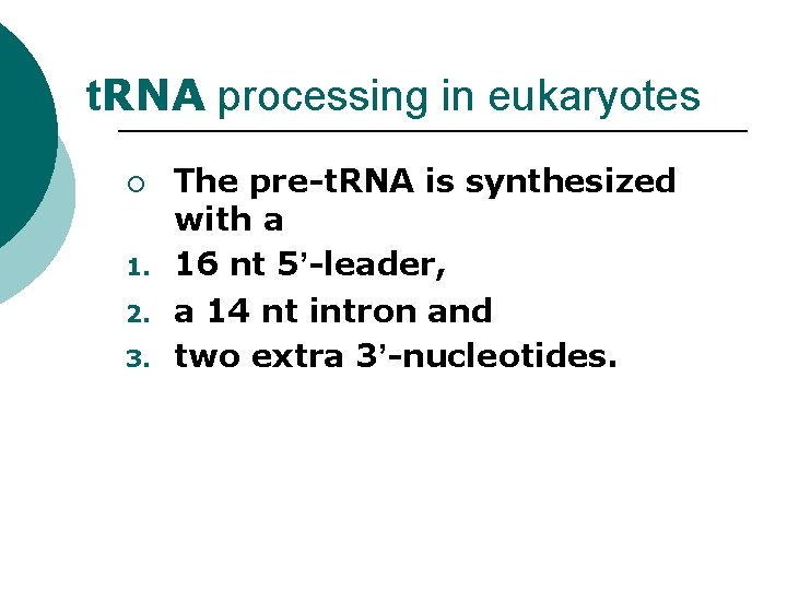 t. RNA processing in eukaryotes ¡ 1. 2. 3. The pre-t. RNA is synthesized