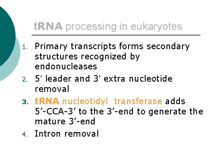 t. RNA processing in eukaryotes 1. 2. 3. 4. Primary transcripts forms secondary structures