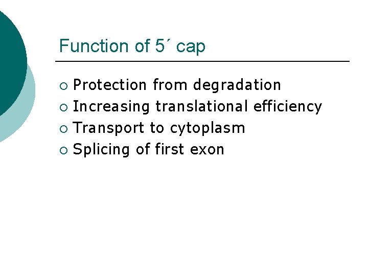 Function of 5´ cap Protection from degradation ¡ Increasing translational efficiency ¡ Transport to