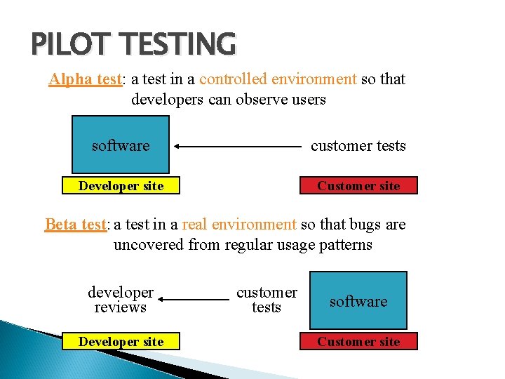 PILOT TESTING Alpha test: a test in a controlled environment so that developers can PILOT TESTING Alpha test: a test in a controlled environment so that developers can
