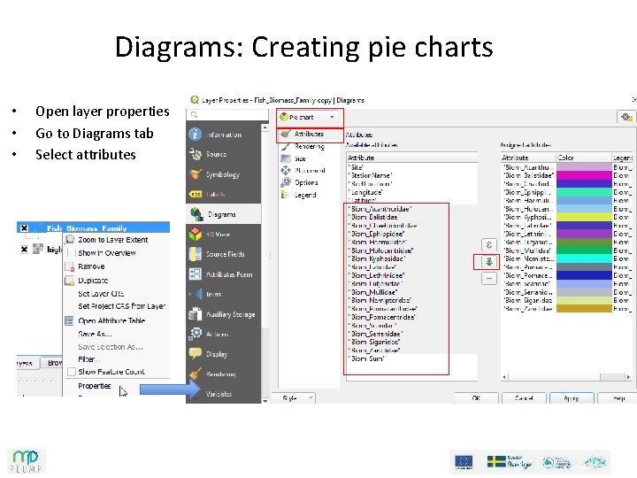 Diagrams: Creating pie charts • • • Open layer properties Go to Diagrams tab Diagrams: Creating pie charts • • • Open layer properties Go to Diagrams tab