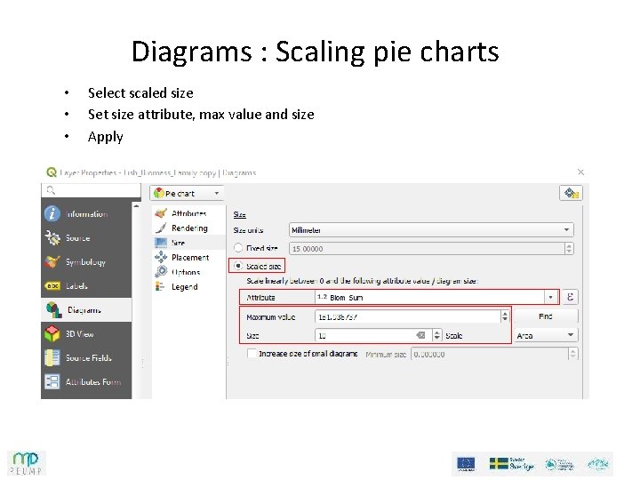 Diagrams : Scaling pie charts • • • Select scaled size Set size attribute, Diagrams : Scaling pie charts • • • Select scaled size Set size attribute,