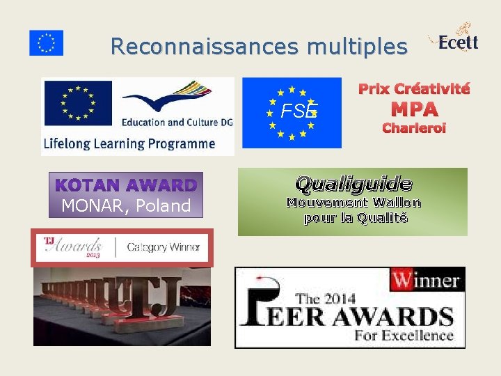 Reconnaissances multiples Prix Créativité FSE MONAR, Poland MPA Charleroi Qualiguide Mouvement Wallon pour la