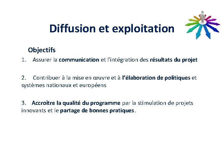 Diffusion et exploitation Objectifs 1. Assurer la communication et l’intégration des résultats du projet