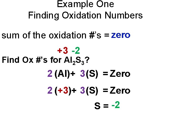 Example One Finding Oxidation Numbers sum of the oxidation #’s = zero +3 -2