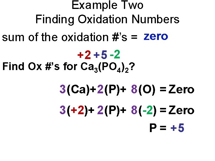 Example Two Finding Oxidation Numbers sum of the oxidation #’s = zero +2 +5