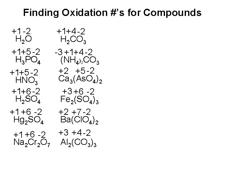 Finding Oxidation #’s for Compounds +1 -2 H 2 O +1+5 -2 H 3