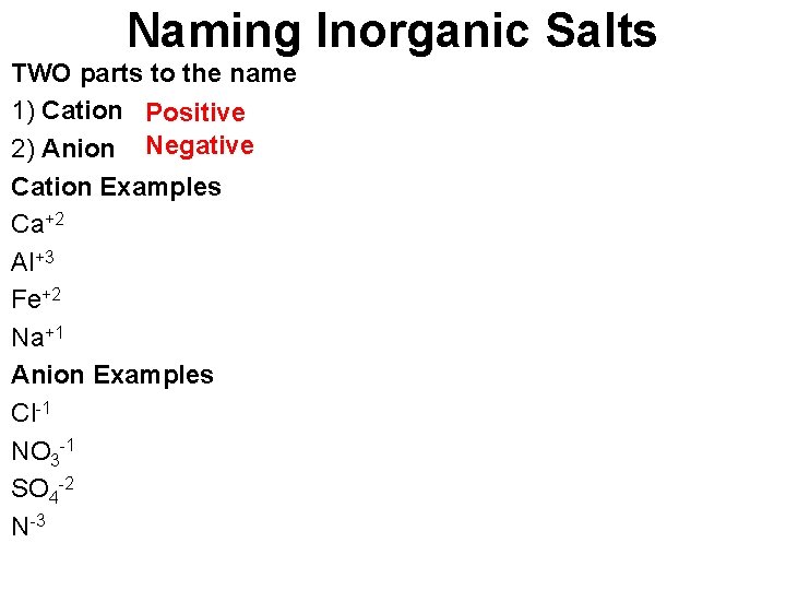Naming Inorganic Salts TWO parts to the name 1) Cation Positive 2) Anion Negative