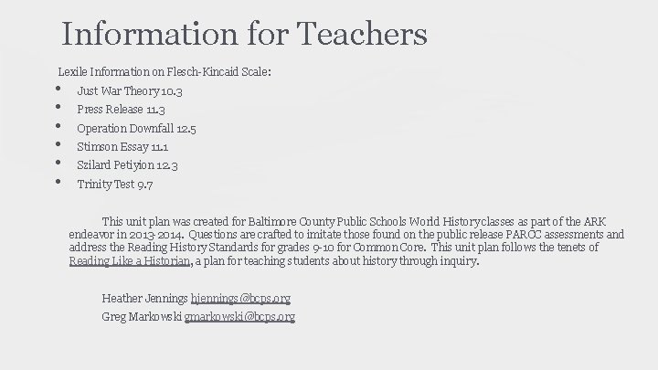 Information for Teachers Lexile Information on Flesch-Kincaid Scale: • • • Just War Theory