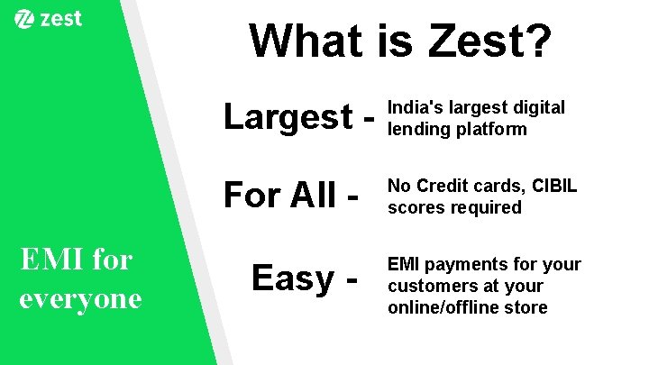 What is Zest? EMI for everyone Largest - India's largest digital lending platform For