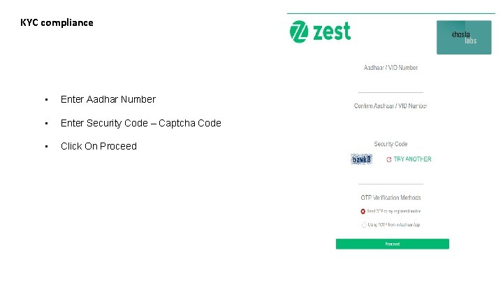 KYC compliance • Enter Aadhar Number • Enter Security Code – Captcha Code •