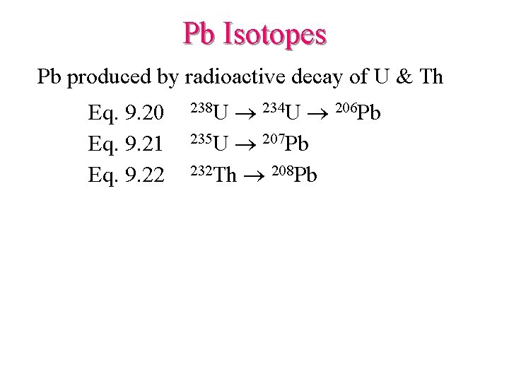 Pb Isotopes Pb produced by radioactive decay of U & Th Eq. 9. 20
