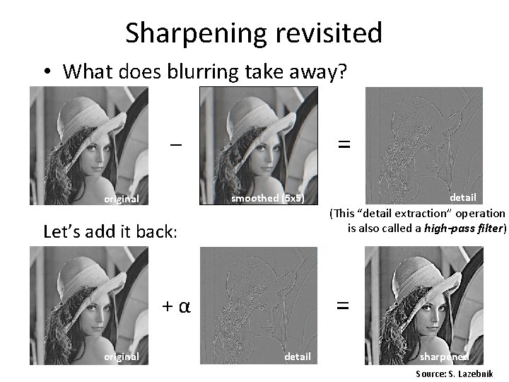 Sharpening revisited • What does blurring take away? = – (This “detail extraction” operation