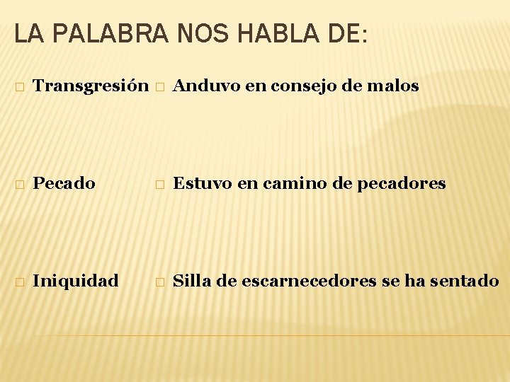 LA PALABRA NOS HABLA DE: � Transgresión � Anduvo en consejo de malos � LA PALABRA NOS HABLA DE: � Transgresión � Anduvo en consejo de malos �