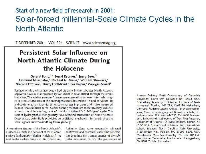 Start of a new field of research in 2001: Solar-forced millennial-Scale Climate Cycles in