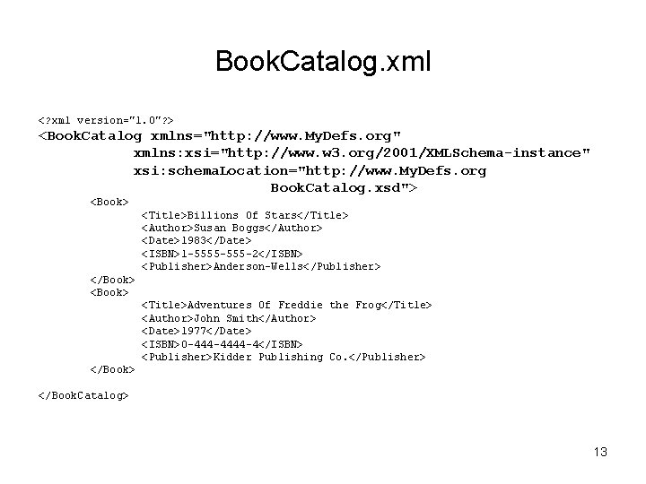 Book. Catalog. xml <? xml version="1. 0"? > <Book. Catalog xmlns="http: //www. My. Defs.