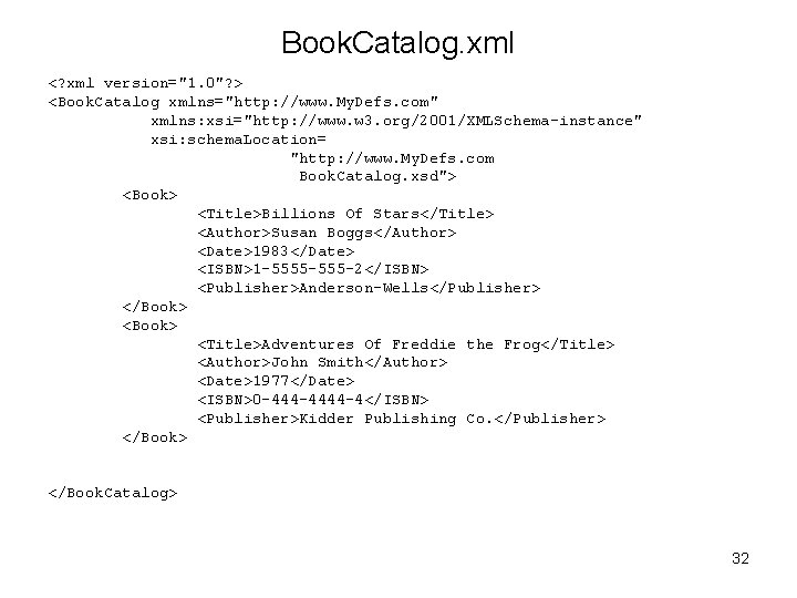 Book. Catalog. xml <? xml version="1. 0"? > <Book. Catalog xmlns="http: //www. My. Defs.