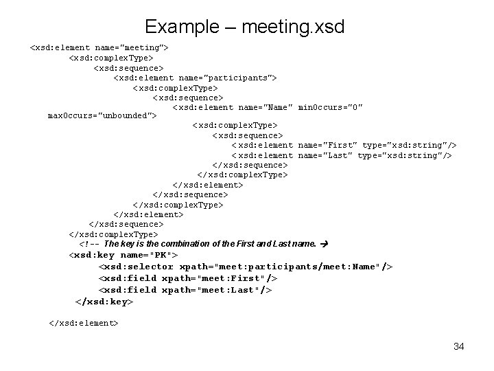 Example – meeting. xsd <xsd: element name="meeting"> <xsd: complex. Type> <xsd: sequence> <xsd: element